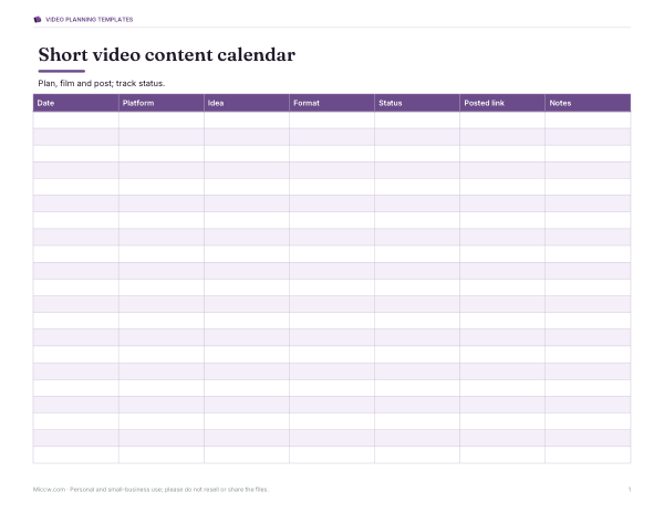 Preview of Printable Video Content Calendar