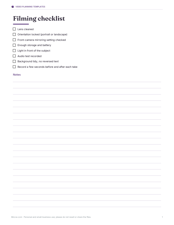 Preview of Printable Filming Checklist